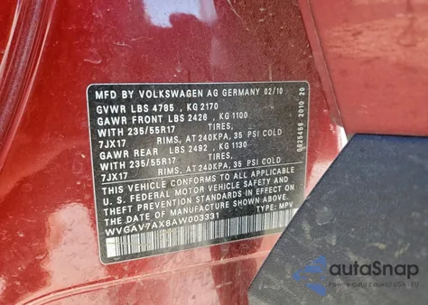 2010 Volkswagen Tiguan S из США, поврежденный, VIN WVGAV7AX8AW003331